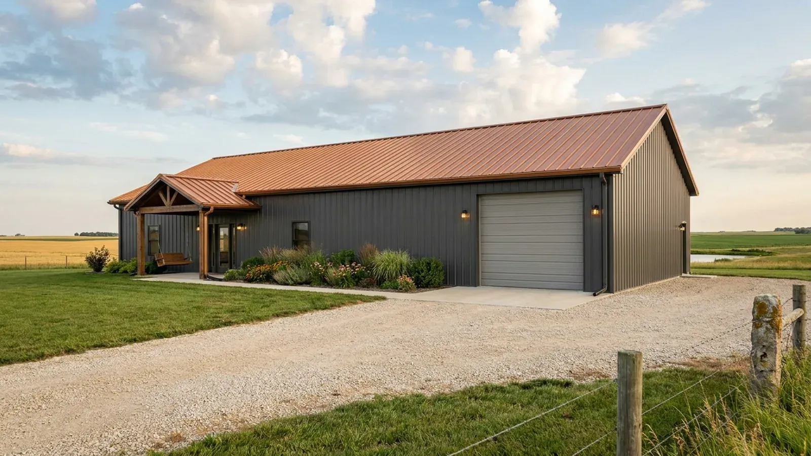 A completed 40x60 barndominium showing a residential entry on one end and a wide shop door on the other under one continuous roof.