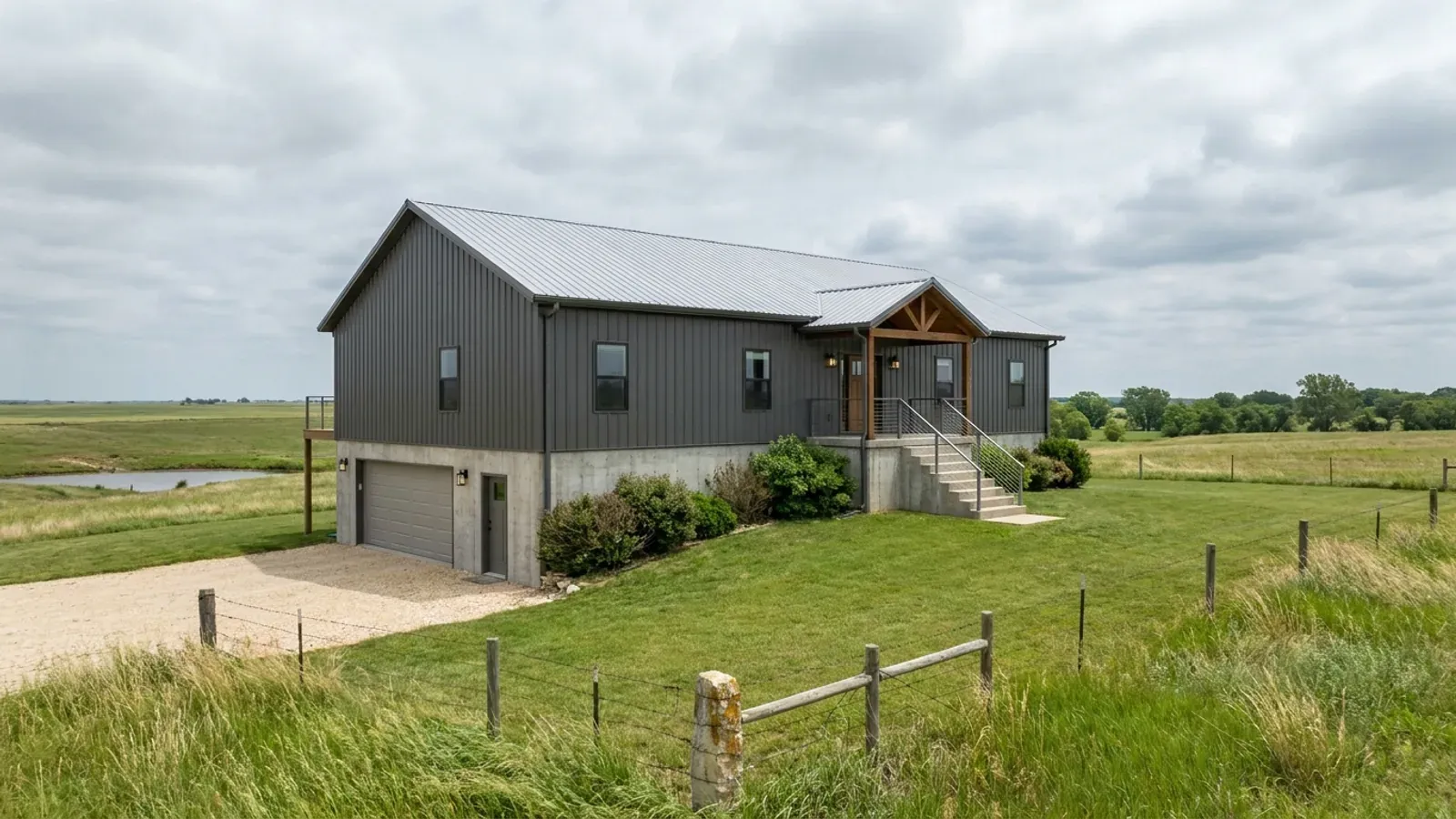 A barndominium raised on a stem-wall foundation with steps up to the entry and enclosed storage space beneath the elevated floor.