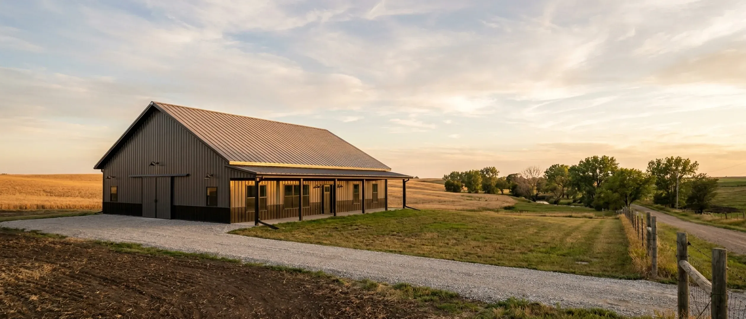 A completed barndominium viewed from a low angle showing its standing seam metal roof, vertical wall panels, gutters and exterior wall lights.