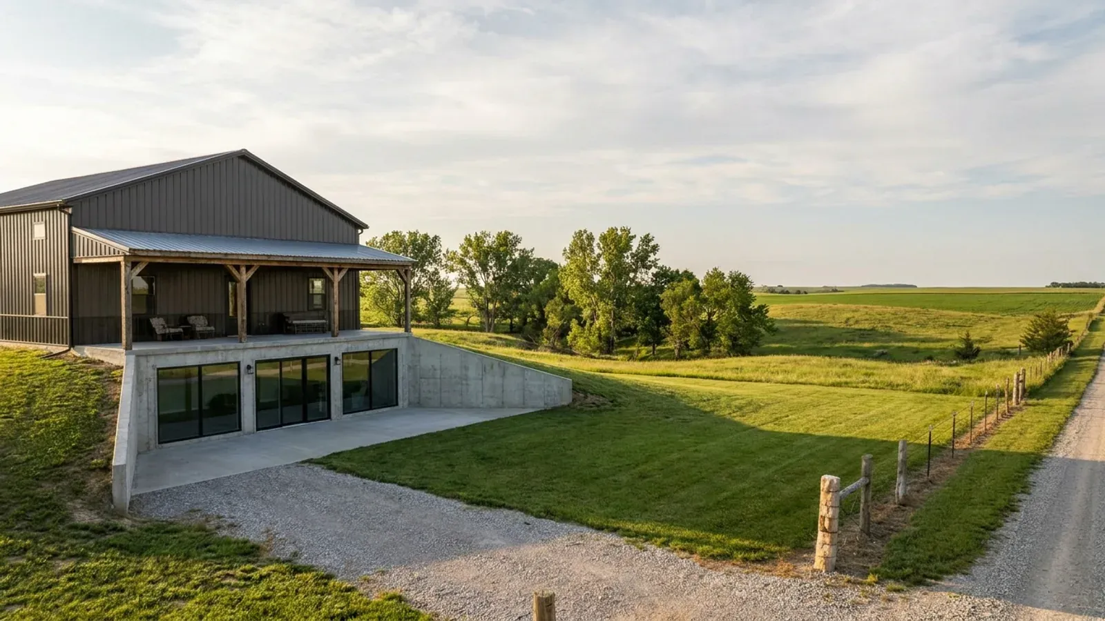 A barndominium with a walkout basement built into a sloping lot, the lower level opening onto a patio at grade.