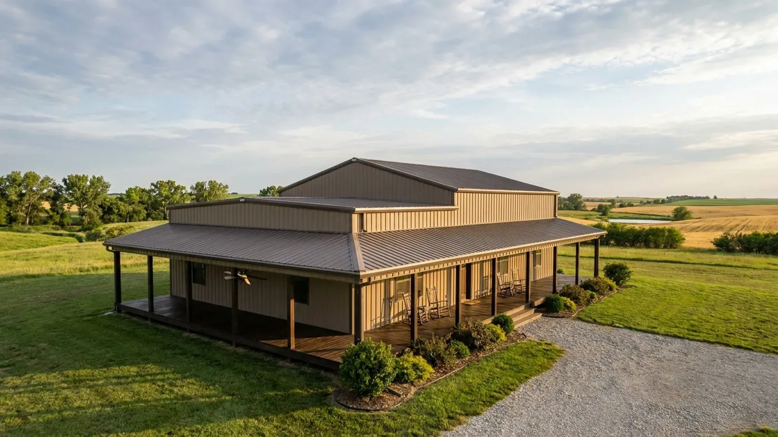 A barndominium exterior showing a deep wrap-around covered porch with posts and railing along two sides of the building.