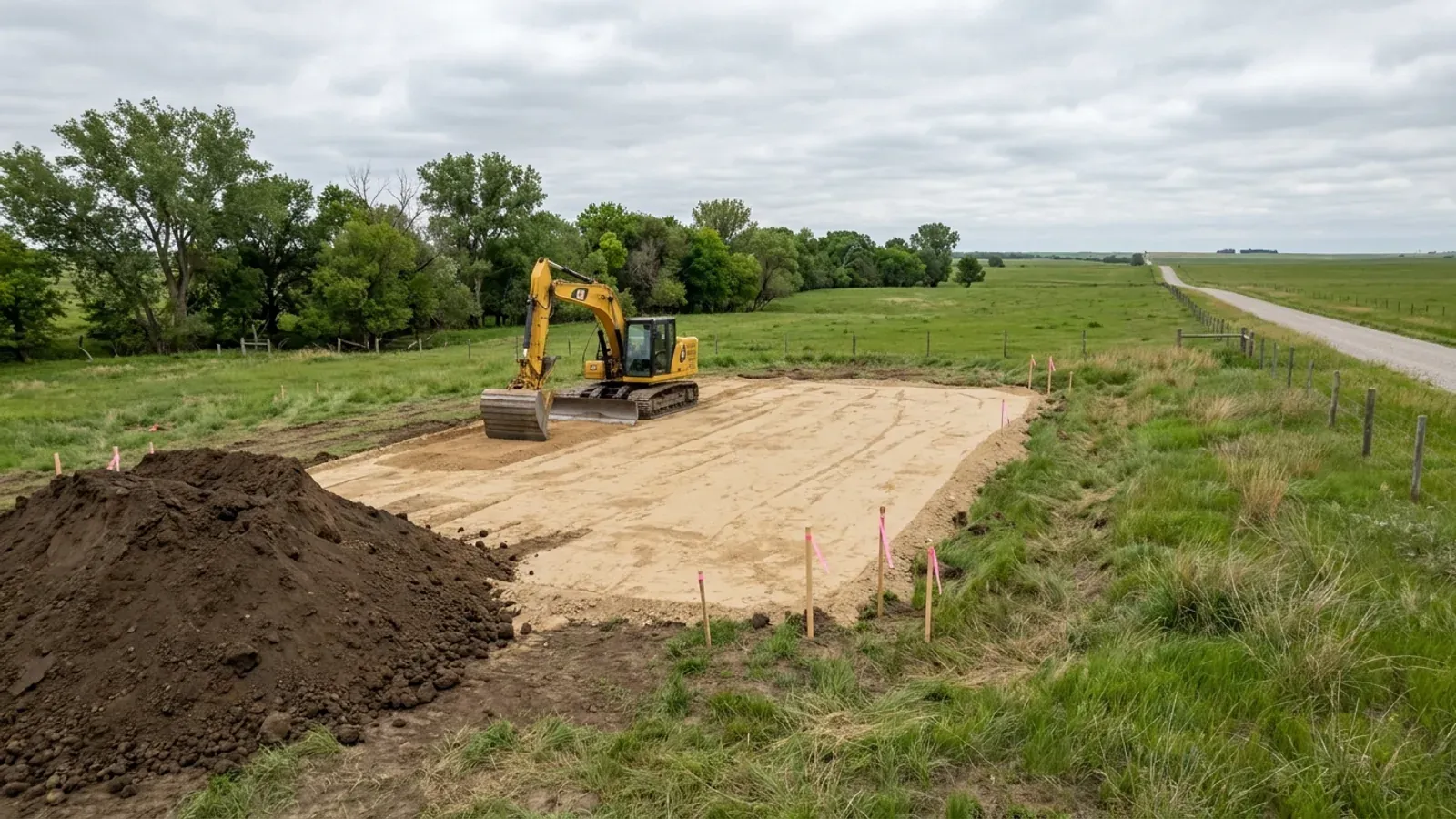 An excavator grading a compacted building pad on a cleared lot, with survey stakes and a drainage swale visible.