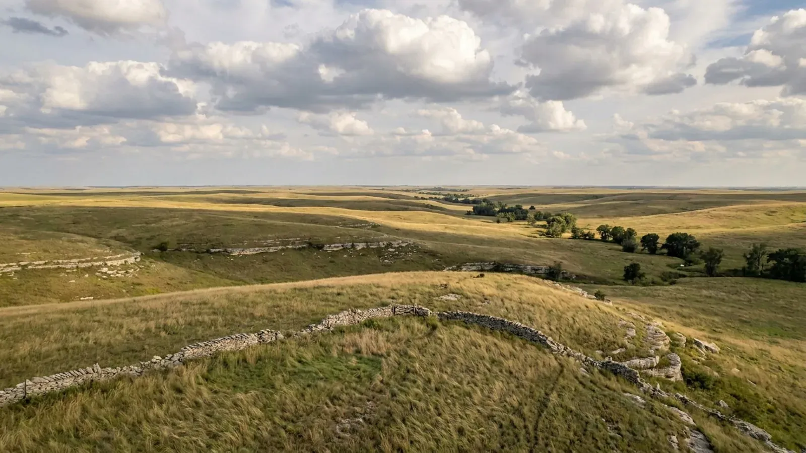 Treeless rolling tallgrass prairie with limestone ledges along the hillsides, a rock fence over a rise and cloud shadows on the grass.
