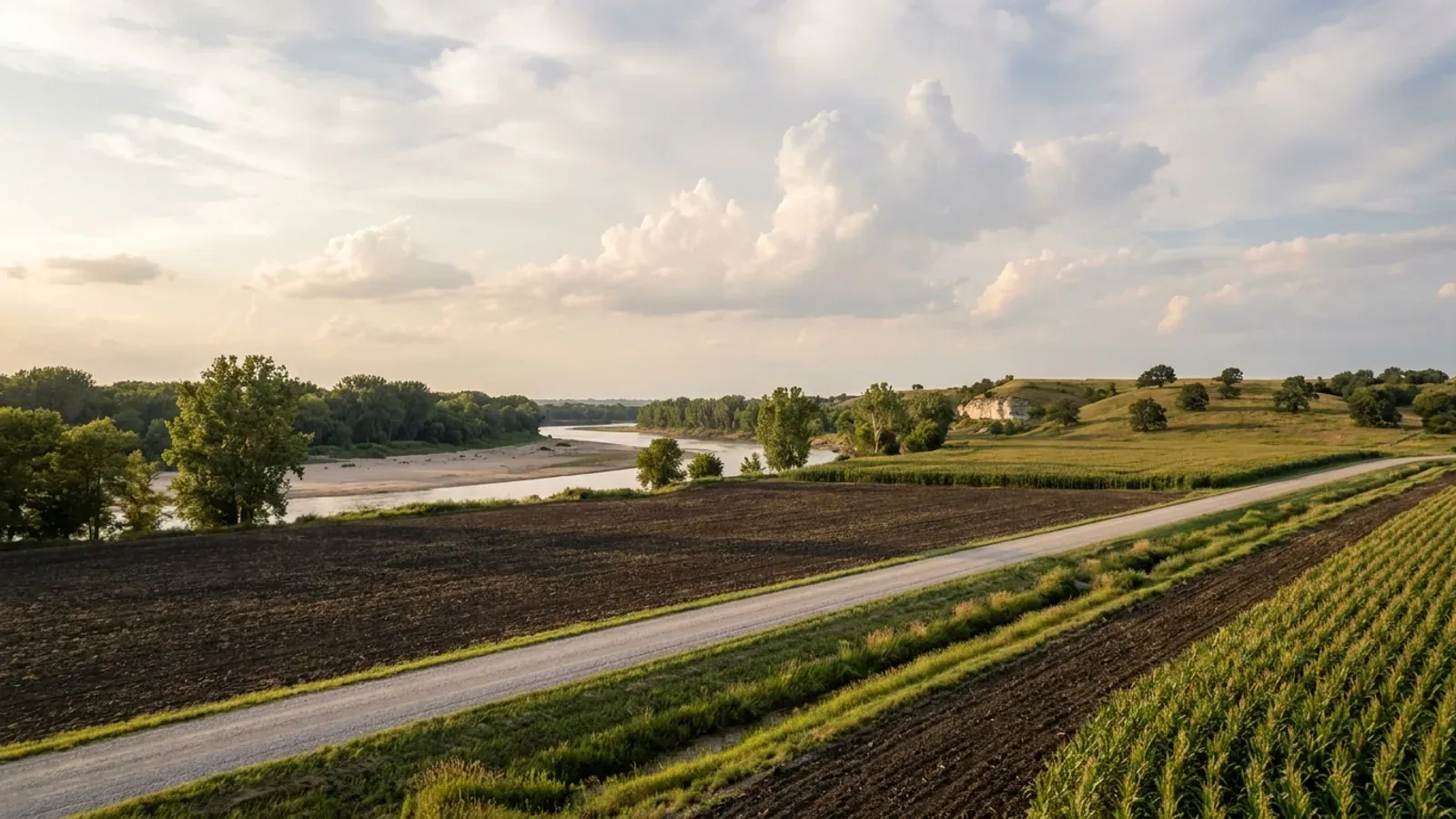 Flat river-bottom crop fields running to a line of tall cottonwoods, with low grassy valley slopes and a limestone ledge beyond.