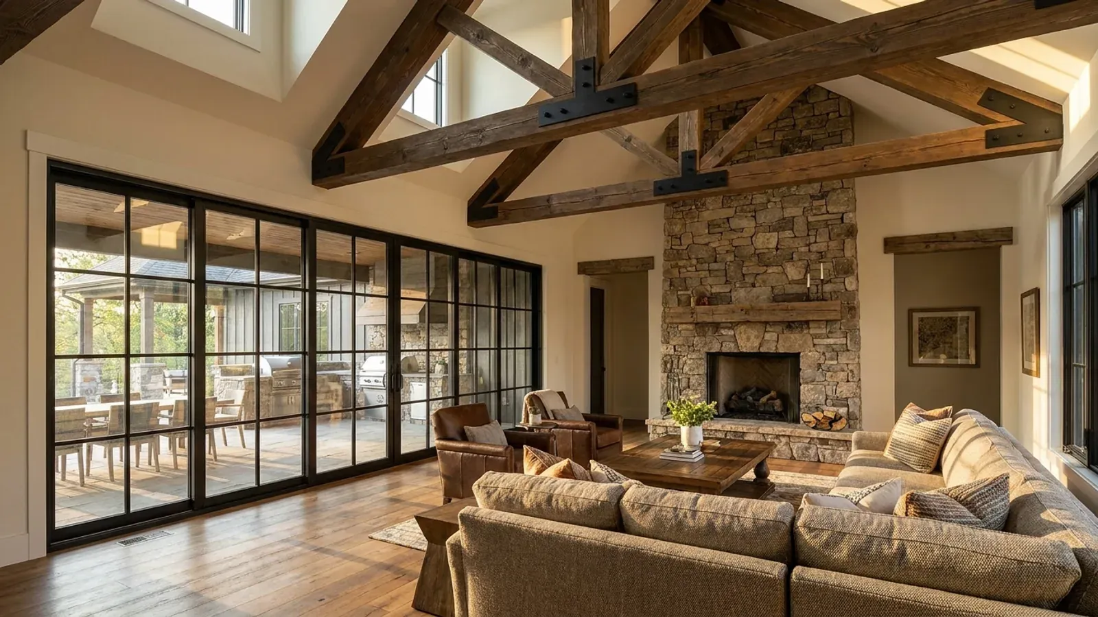 A vaulted barndominium great room with exposed wood trusses, a wall of glazed sliding doors, and a stone-clad fireplace.