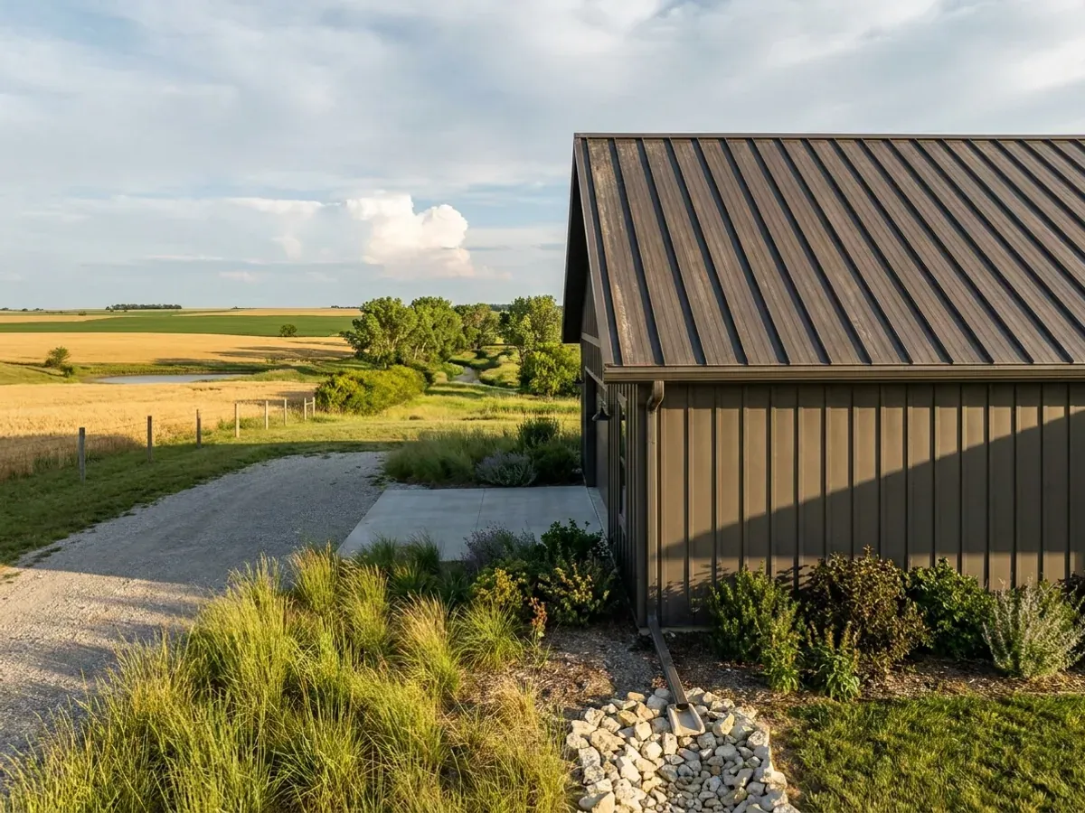 Exterior detail of a metal-clad home showing standing seam roofing, vertical wall panels, and a downspout discharging away from the wall.