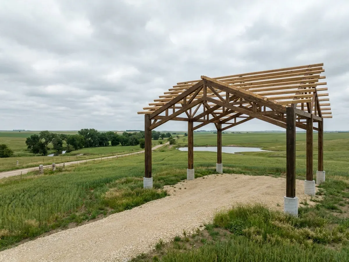 A post-frame home under construction, showing laminated timber columns on concrete piers and wide-span roof trusses with no interior bearing walls.
