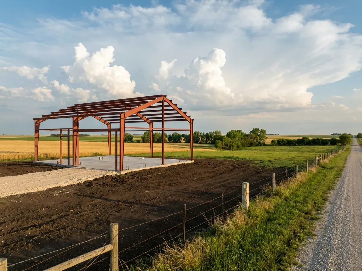 A red oxide primed structural steel frame partly erected on a concrete slab, showing bolted knee joints and anchor bolts.