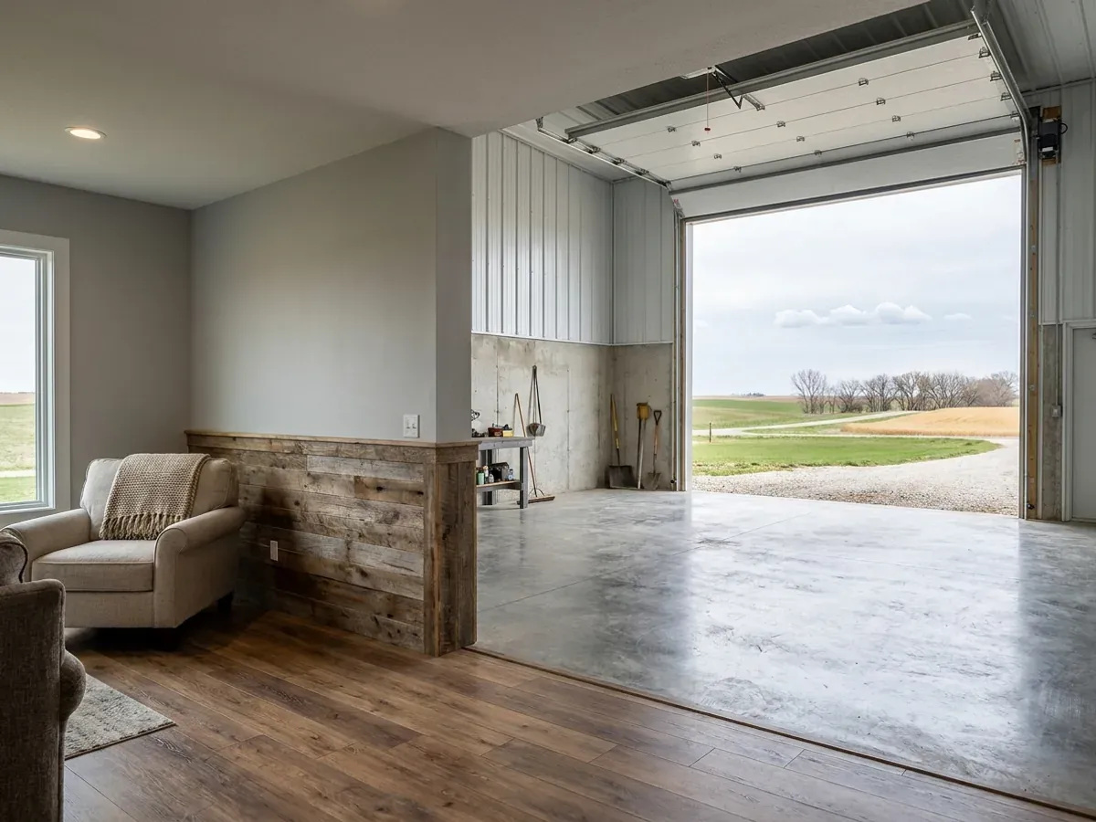 The interior of a shouse where a finished living area with warm flooring meets a shop bay with polished concrete and a tall roll-up door.