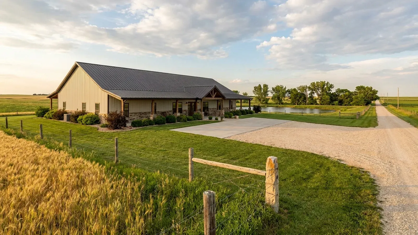 A completed single-story barndominium with a long, low roofline and no upper-level windows.