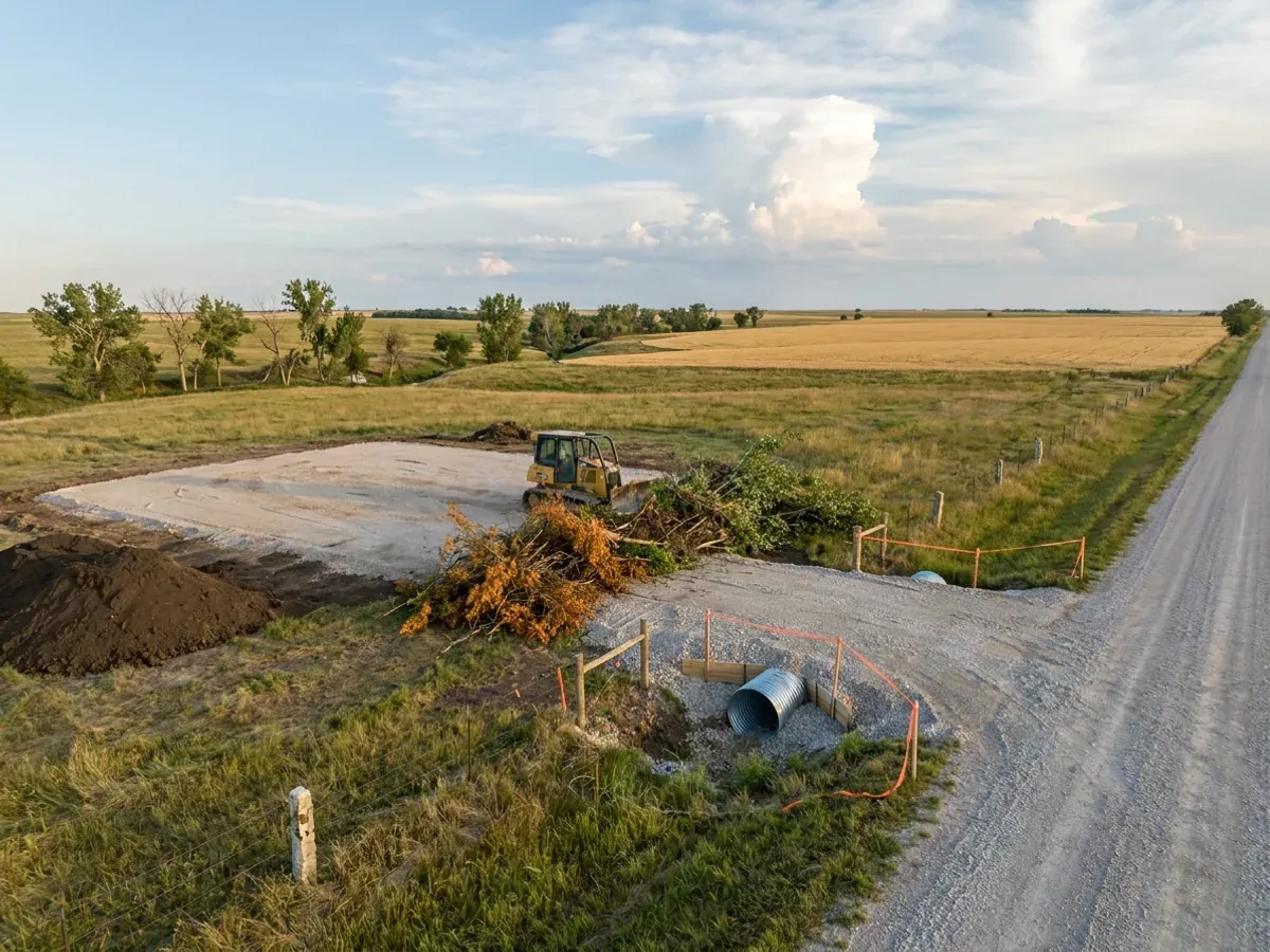A dozer clearing hedgerow brush on a rural parcel beside a compacted crushed-stone building pad, with a culvert set at the driveway entrance.