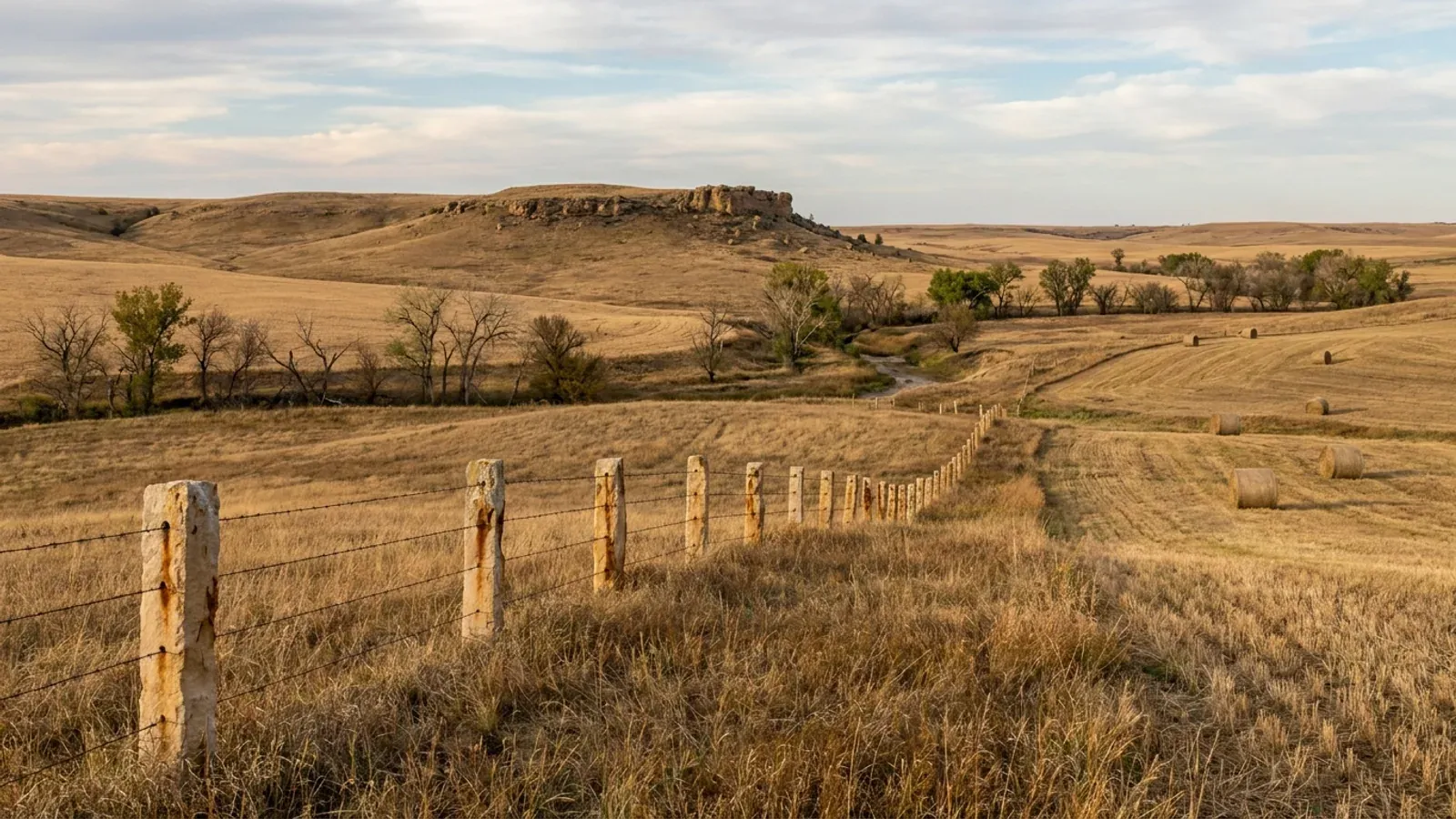 A fence line of weathered limestone posts with barbed wire running over rolling pasture and wheat stubble under a huge evening sky.