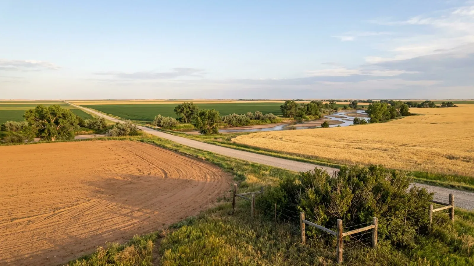 Level fields of ripe wheat and green milo beside reddish sandy soil, with a straight gravel road and a cottonwood-lined sandy river.