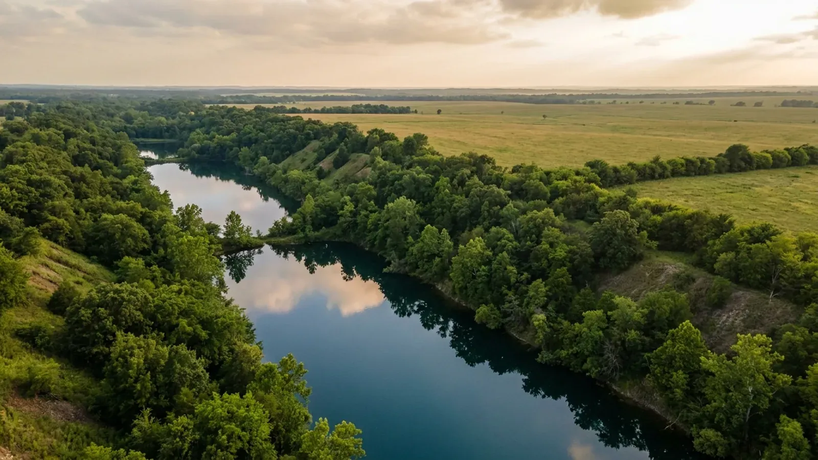 Long narrow lakes lying between wooded ridges in old strip-mine pits, with flat hay meadow and a hedgerow beyond.