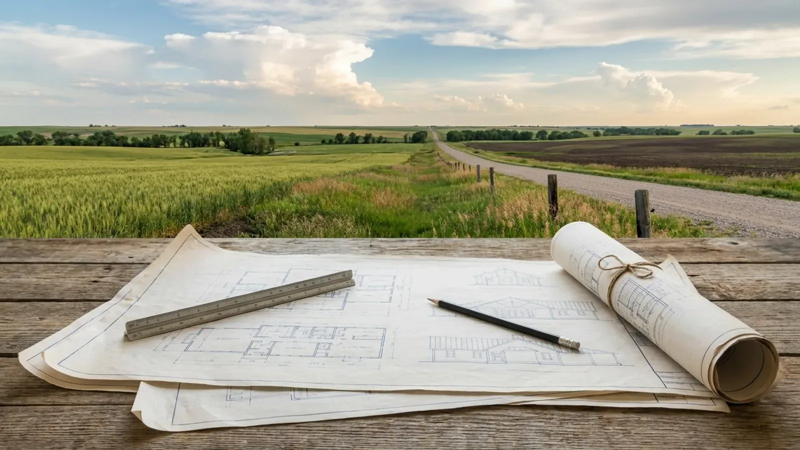 Overhead view of architectural floor plan and structural elevation drawings spread on a workbench with a scale ruler and pencil.