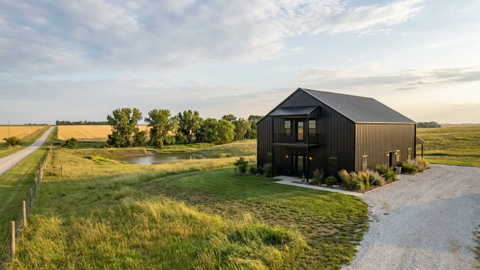 A completed two-story barndominium with visible second-story windows and a small covered balcony above the entry porch.